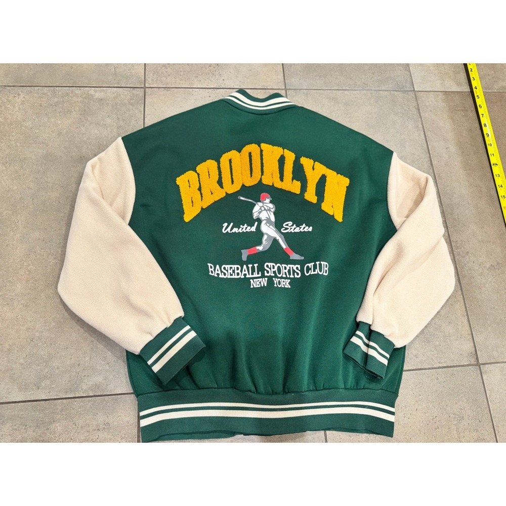 Mens Brooklyn Baseball Varsity Bomber Jacket Green Cream Small